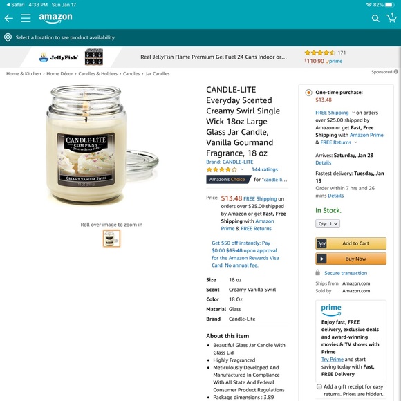 🆕CANDLE-LITE 18oz Large Glass Jar Candle Vanilla - Picture 7 of 7